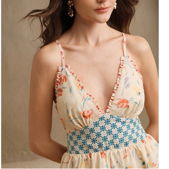 Boho Floral Print Layered Tiered Ruffle Hem Tie Back Cami maxi Dress - Picture 2 of 9